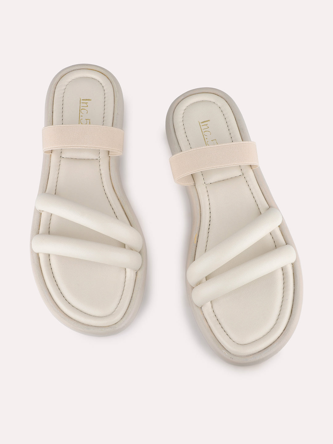 Women Cream Casual Solid Pattern Open Toe Slip-On Flat Sandals