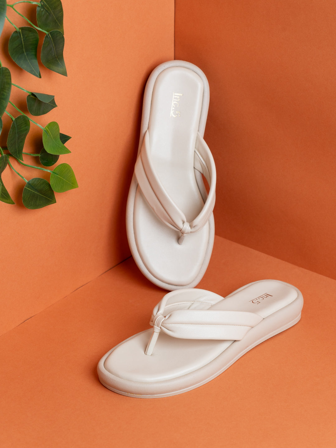 Womens Cream Casual Solid T-Strap Slip-On Flats