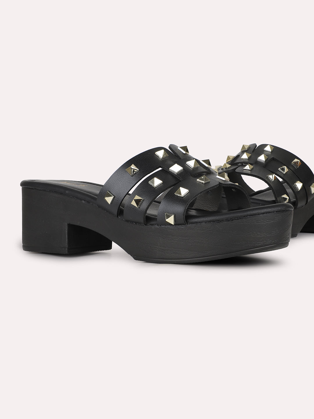 Women Black Party Wear Embellished Round Toe Platform Heel Sandals
