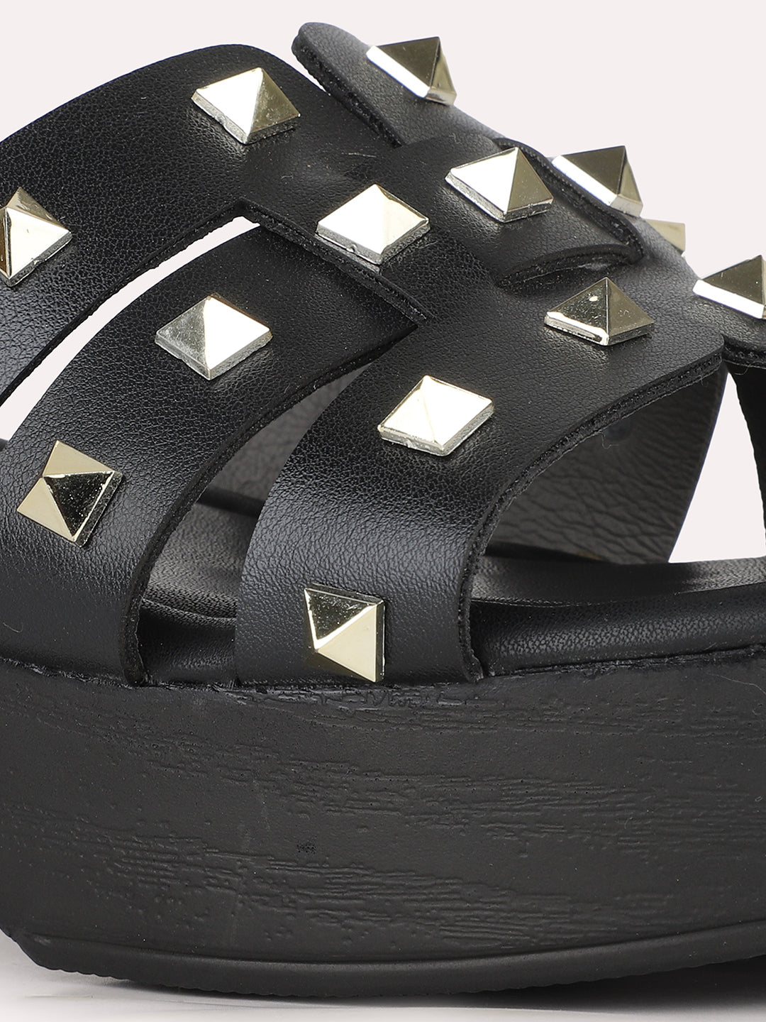 Women Black Party Wear Embellished Round Toe Platform Heel Sandals