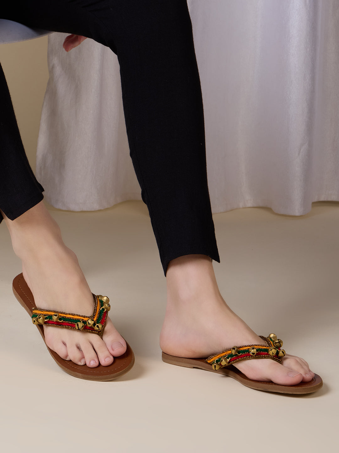 Women Red Casual Embellished T-Strap Flats Slip-On Sandals