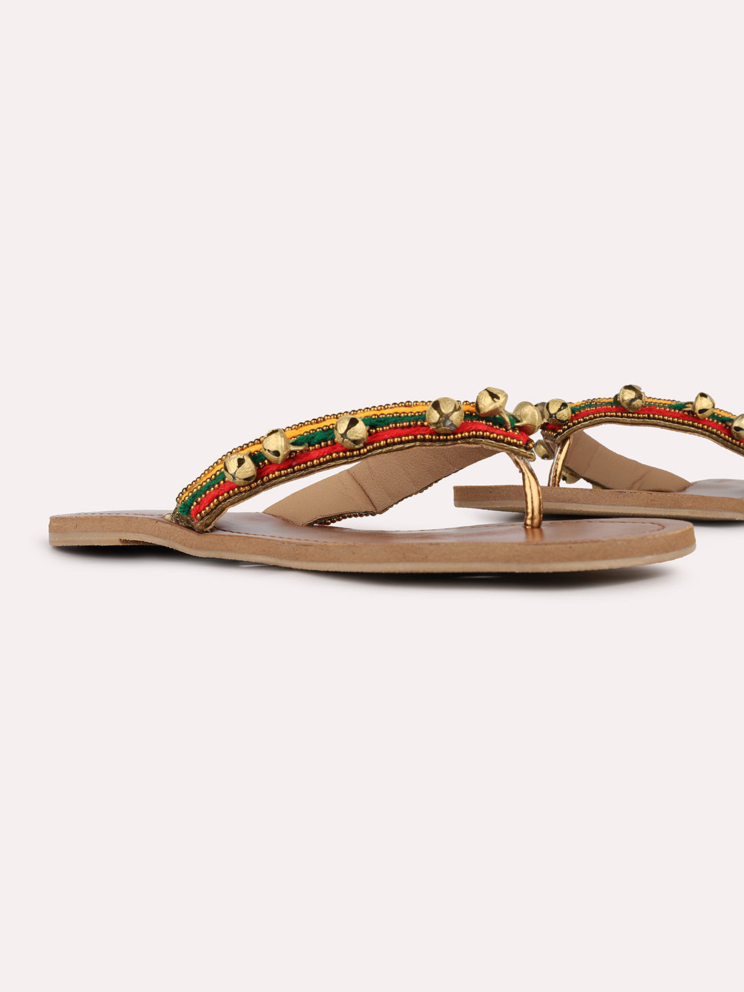 Women Red Casual Embellished T-Strap Flats Slip-On Sandals