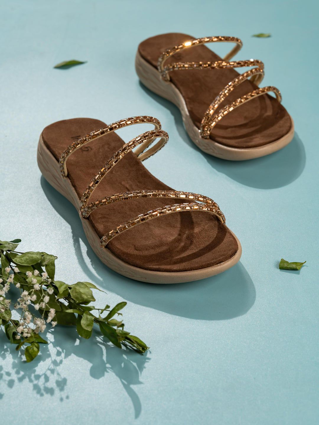 Women Golden Ethnic Embellished Open Toe Slip-On Flat Sandals