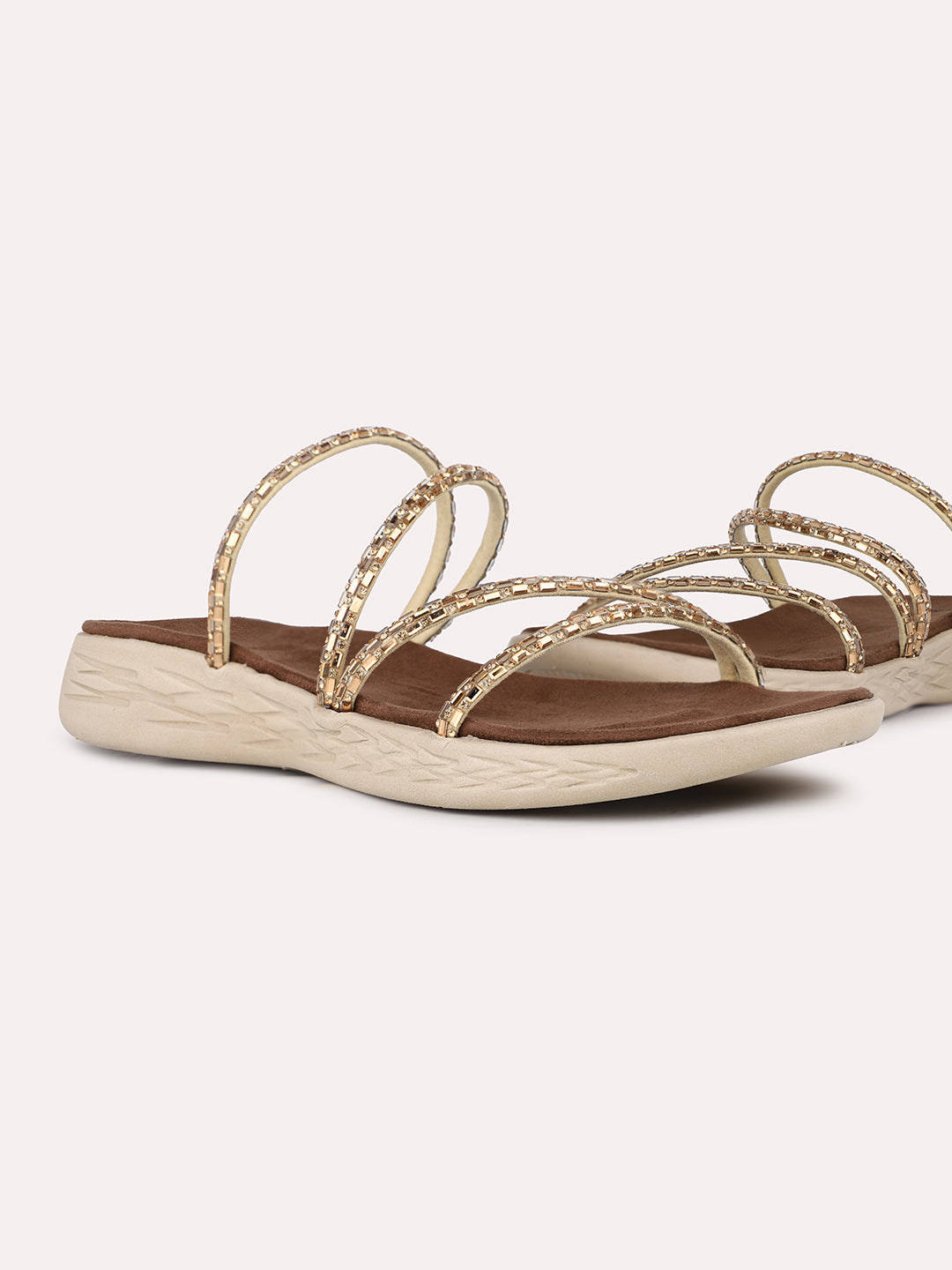 Women Golden Ethnic Embellished Open Toe Slip-On Flat Sandals