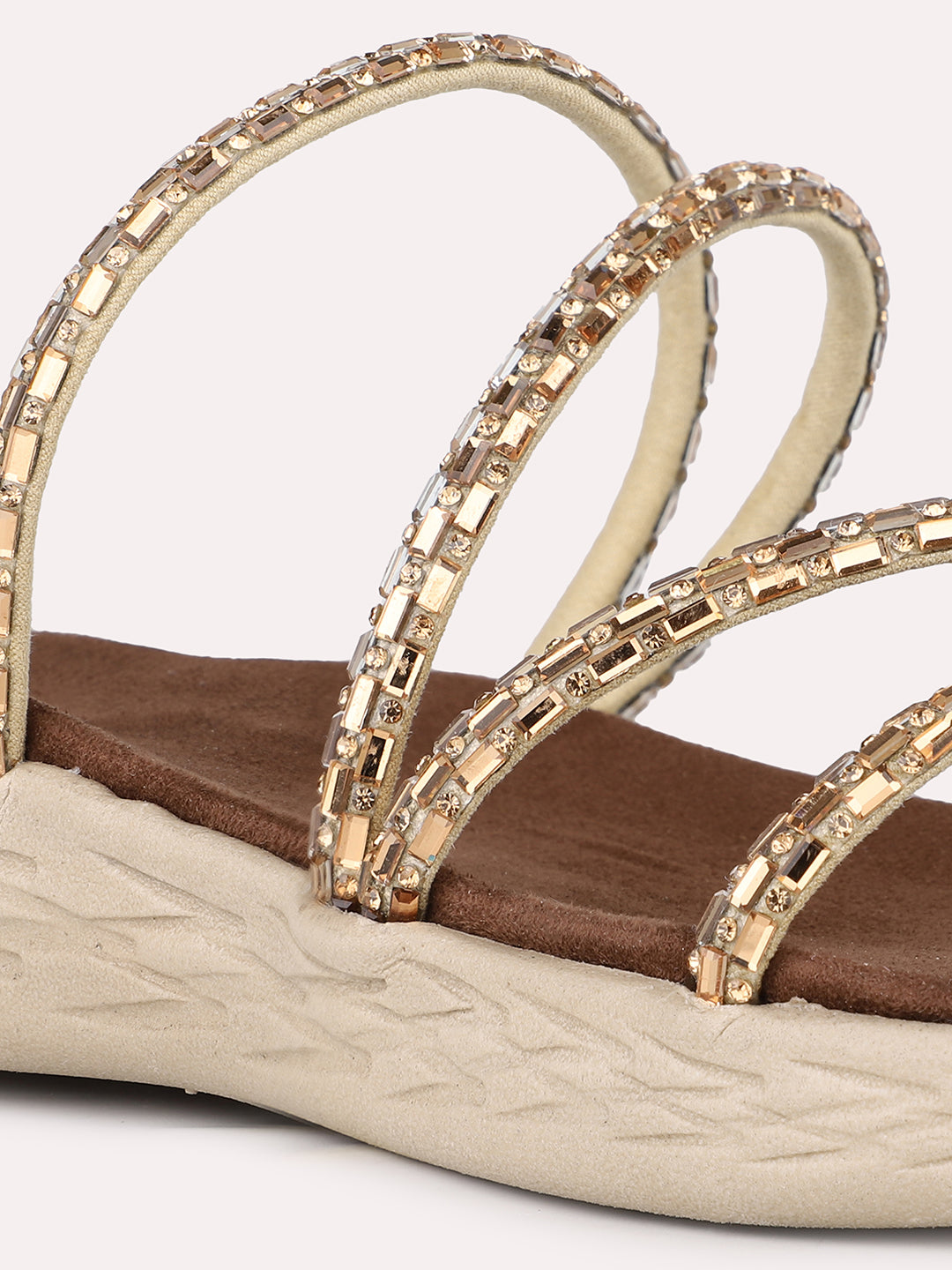 Women Golden Ethnic Embellished Open Toe Slip-On Flat Sandals