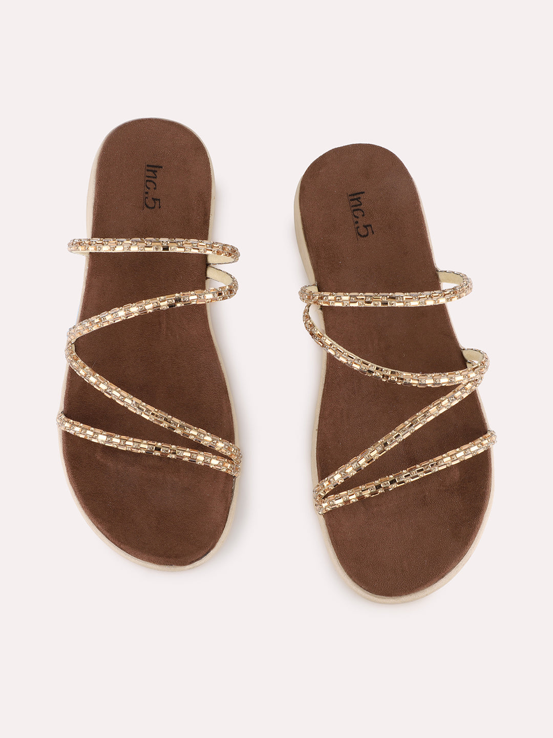 Women Golden Ethnic Embellished Open Toe Slip-On Flat Sandals