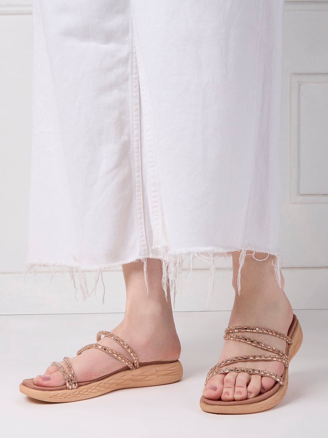Womens Rose Gold Party Wear Embellished Open Toe Flats