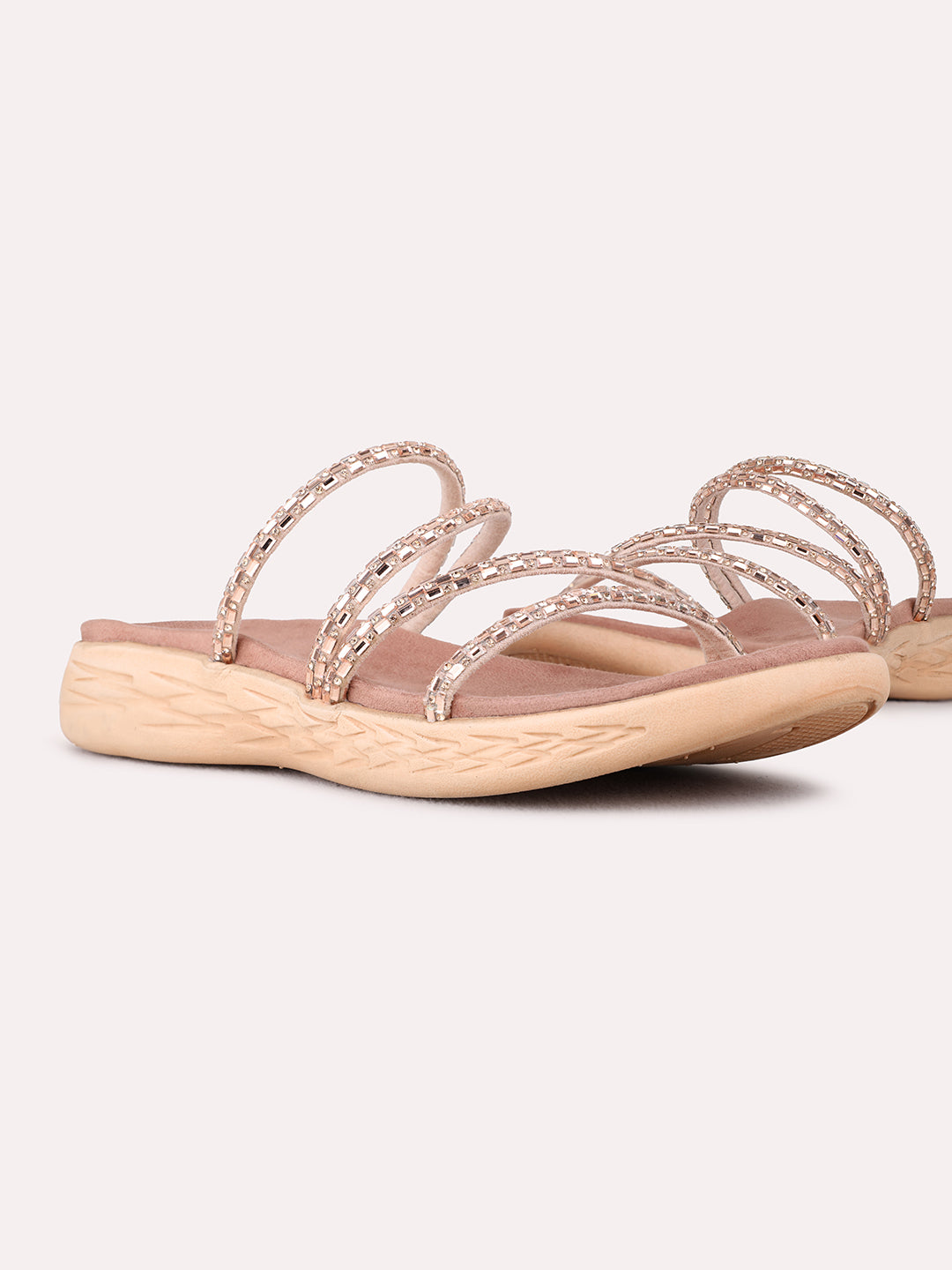 Womens Rose Gold Party Wear Embellished Open Toe Flats