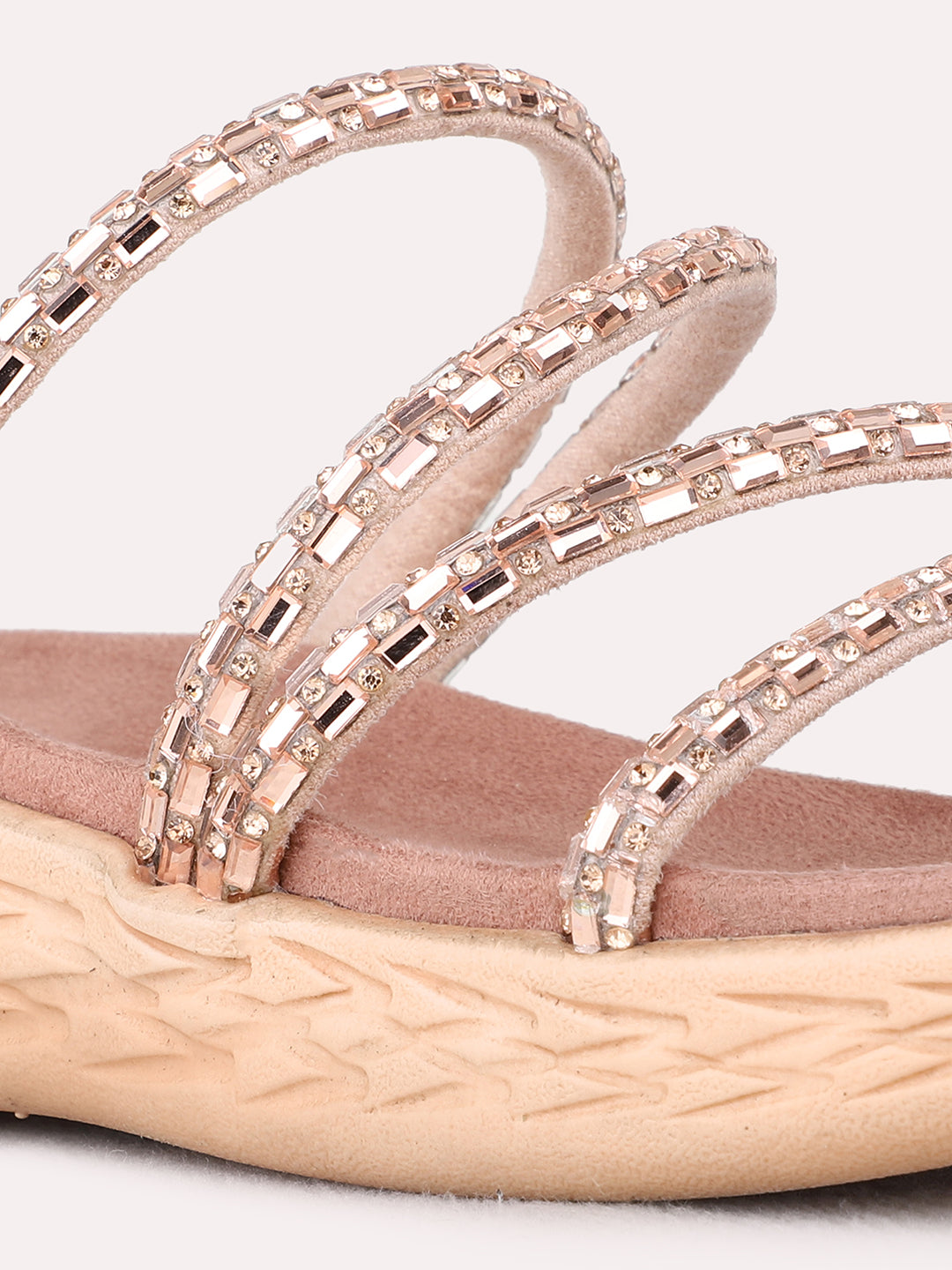 Womens Rose Gold Party Wear Embellished Open Toe Flats