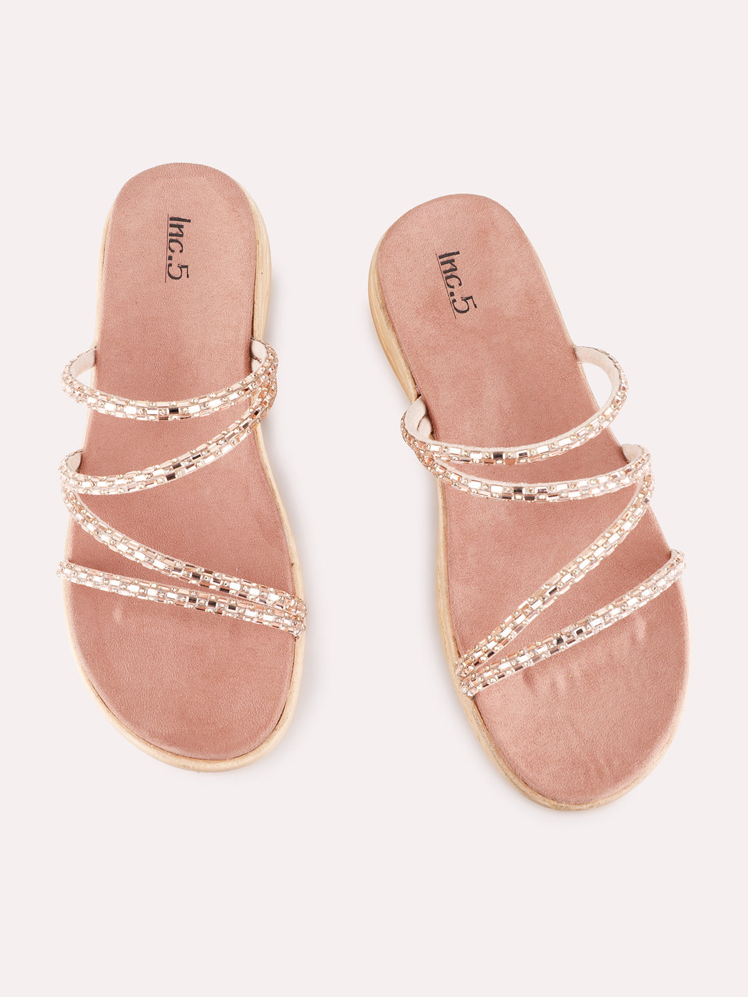 Womens Rose Gold Party Wear Embellished Open Toe Flats