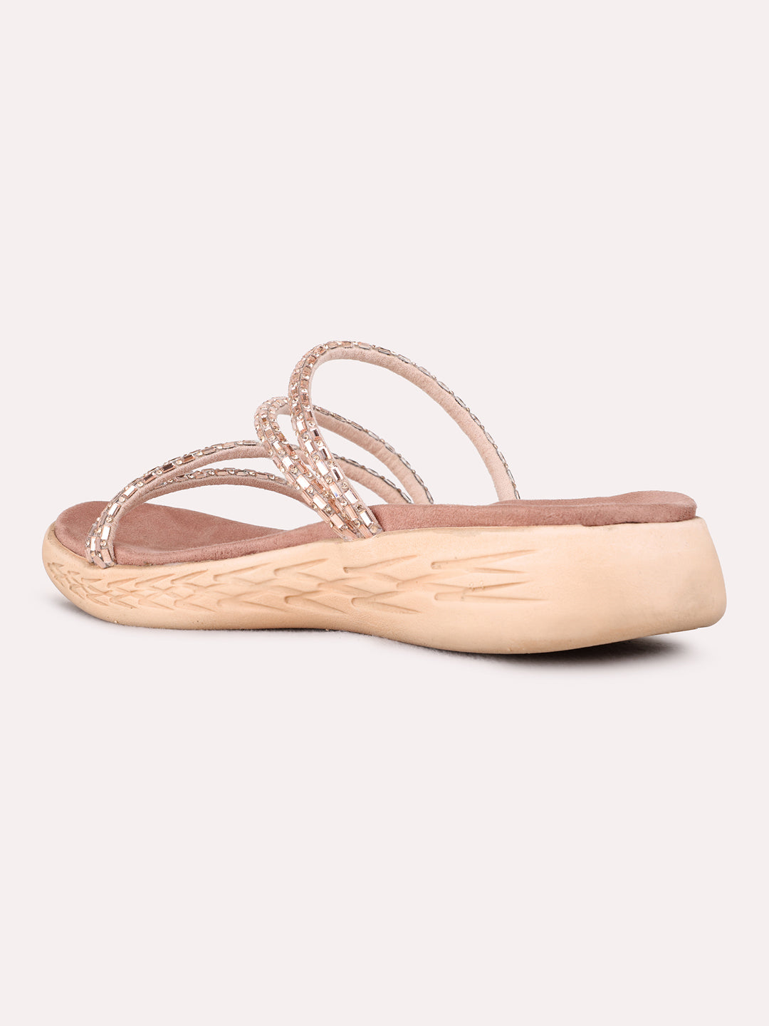 Womens Rose Gold Party Wear Embellished Open Toe Flats