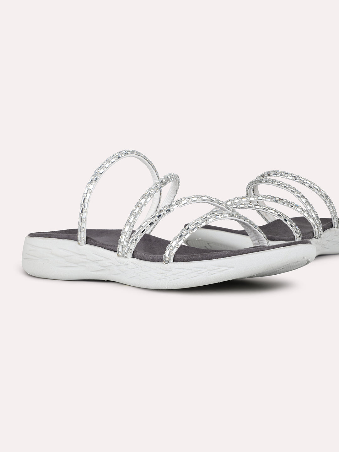 Women Silver Ethnic Embellished Open Toe Slip-On Flat Sandals