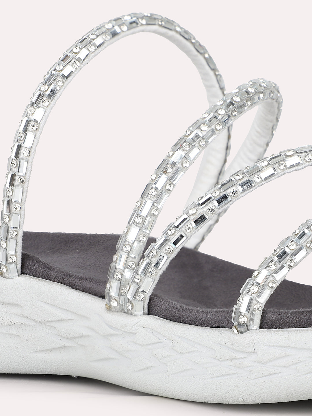 Women Silver Ethnic Embellished Open Toe Slip-On Flat Sandals
