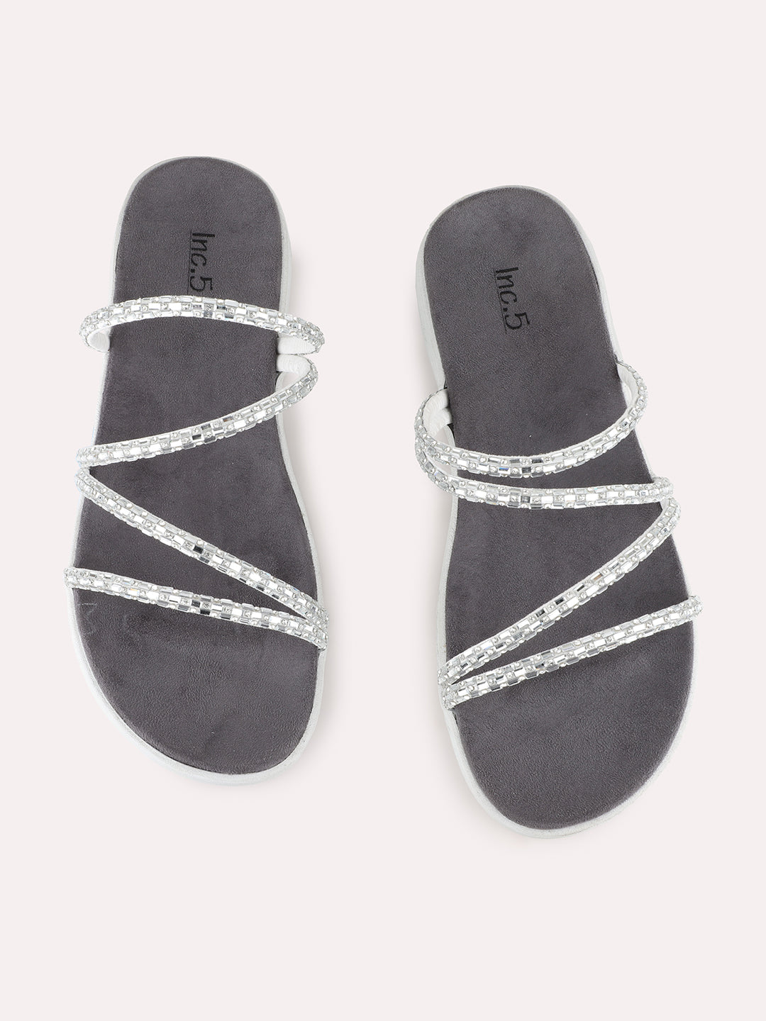 Women Silver Ethnic Embellished Open Toe Slip-On Flat Sandals