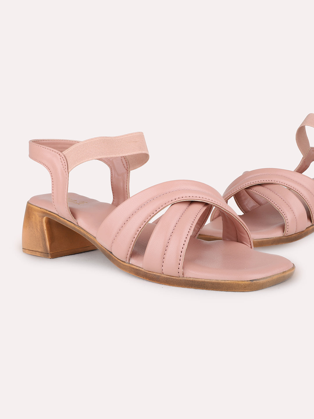 Womens Peach Party Wear Solid Square Toe Block Heel Sandals