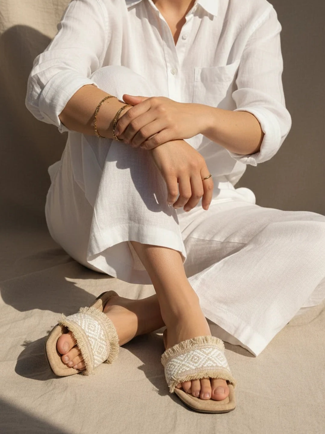 Women White Casual Open Toe Flats
