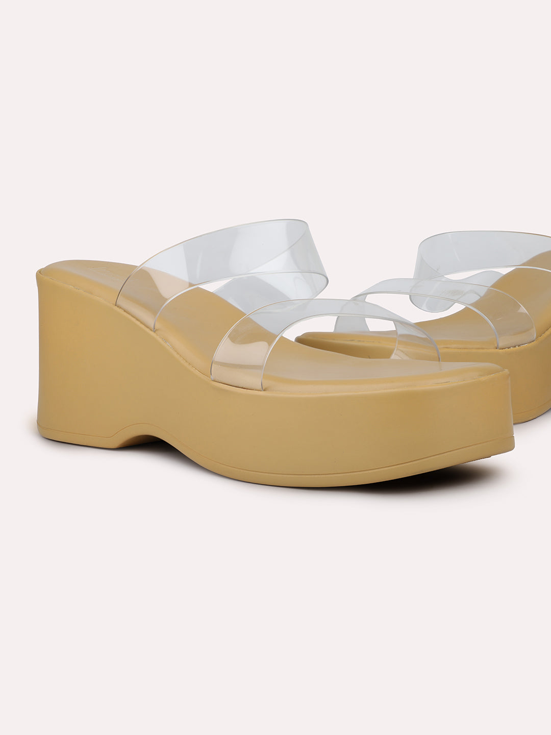 Women Beige Transparent Two Strap Wedge Heels