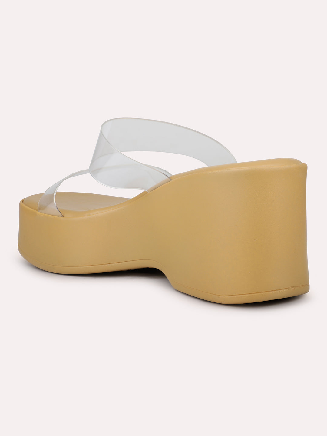 Women Beige Transparent Two Strap Wedge Heels