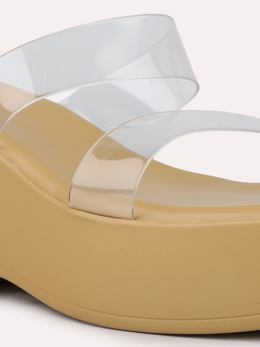 Women Beige Transparent Two Strap Wedge Heels