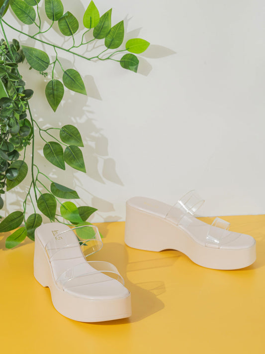 Women Cream Party Wear Transparent Round Toe Platform Heels