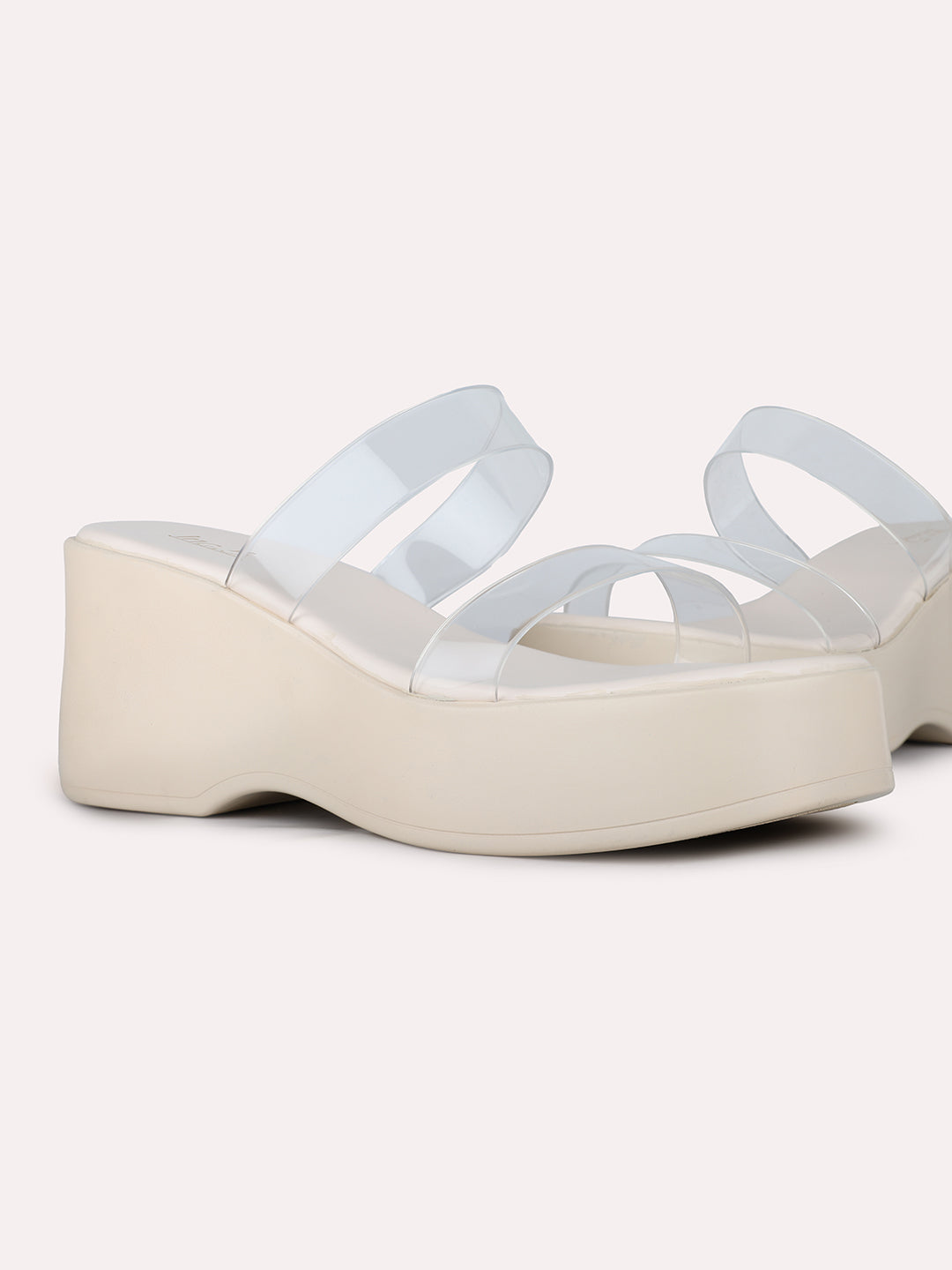 Women Cream Party Wear Transparent Round Toe Platform Heel Sandals
