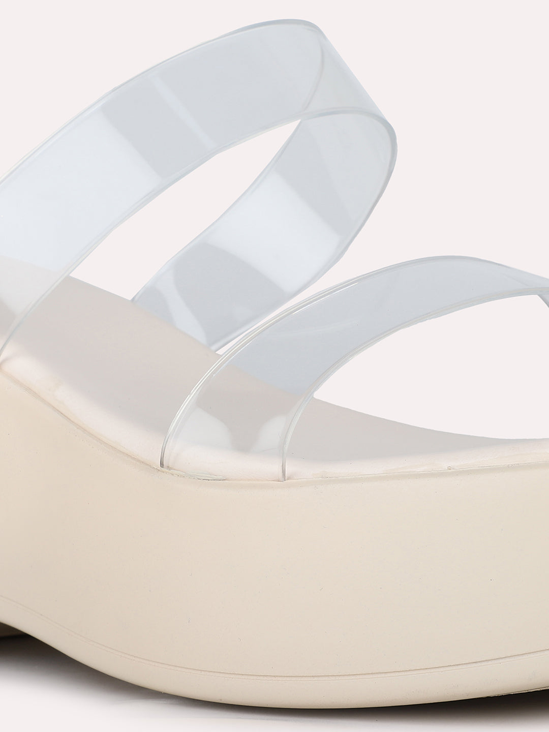 Women Cream Party Wear Transparent Round Toe Platform Heels