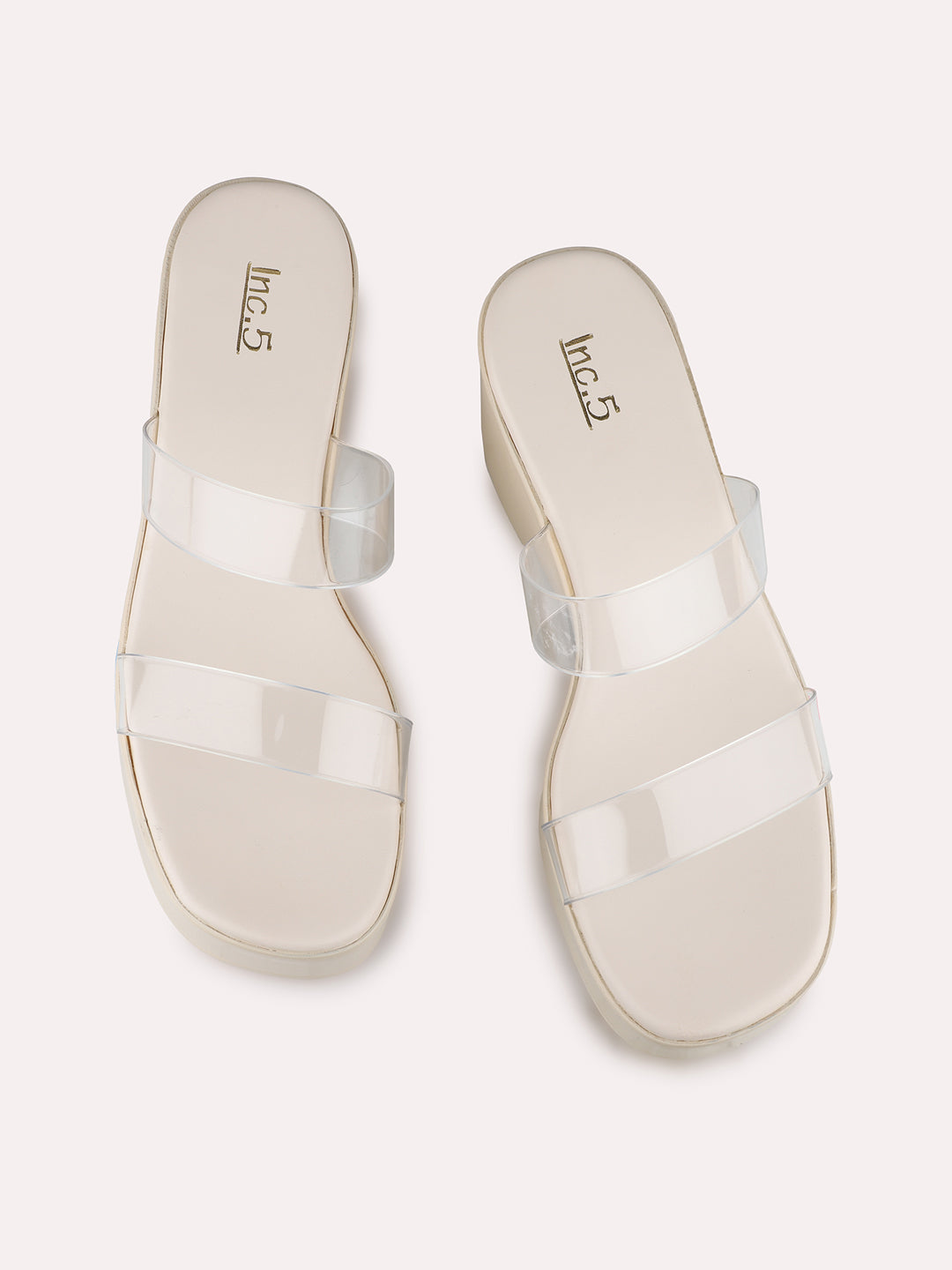 Women Cream Party Wear Transparent Round Toe Platform Heels