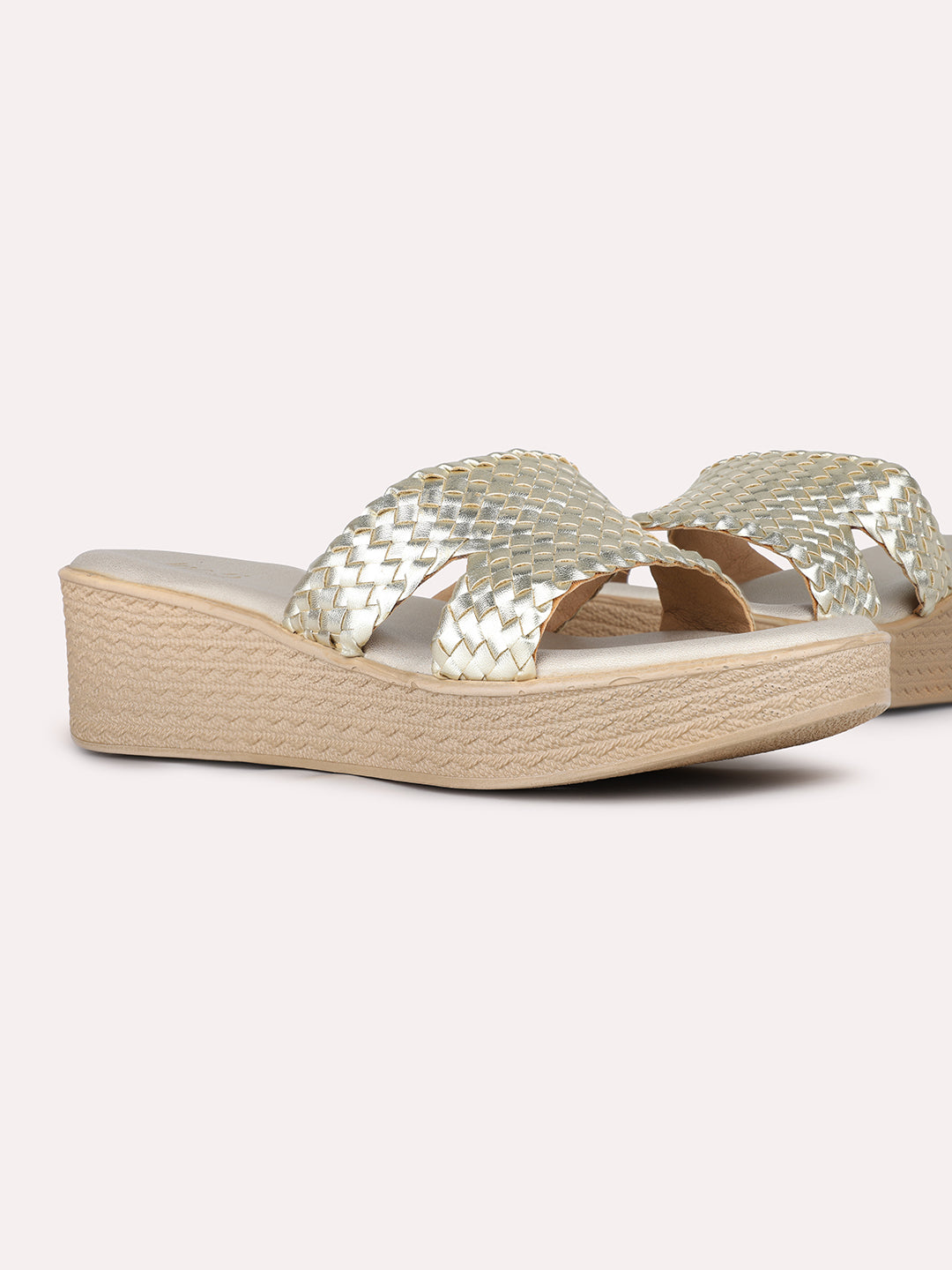 Women Golden Ethnic Solid Round Toe Wedges Sandals