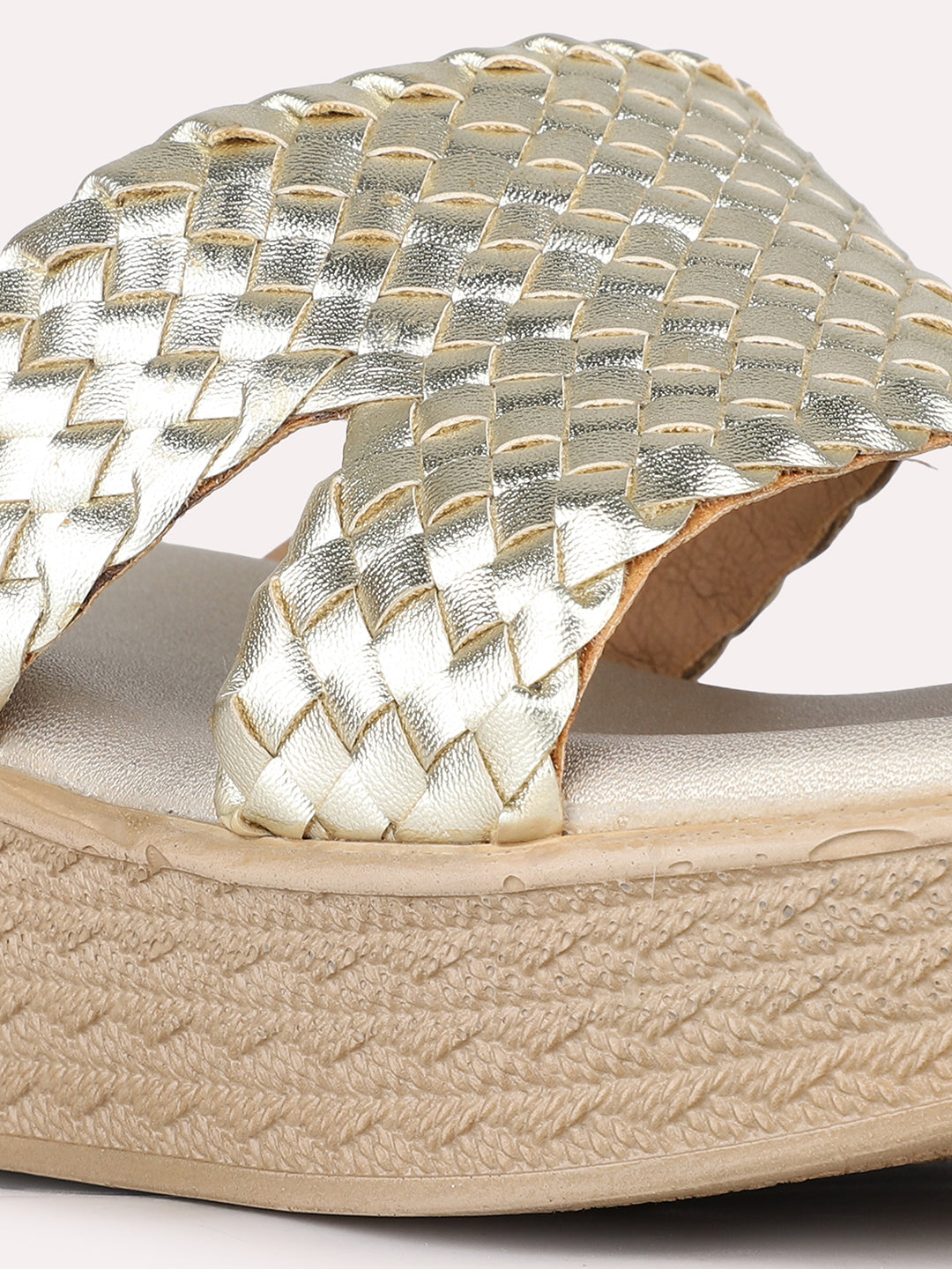 Women Golden Ethnic Solid Round Toe Wedges Sandals