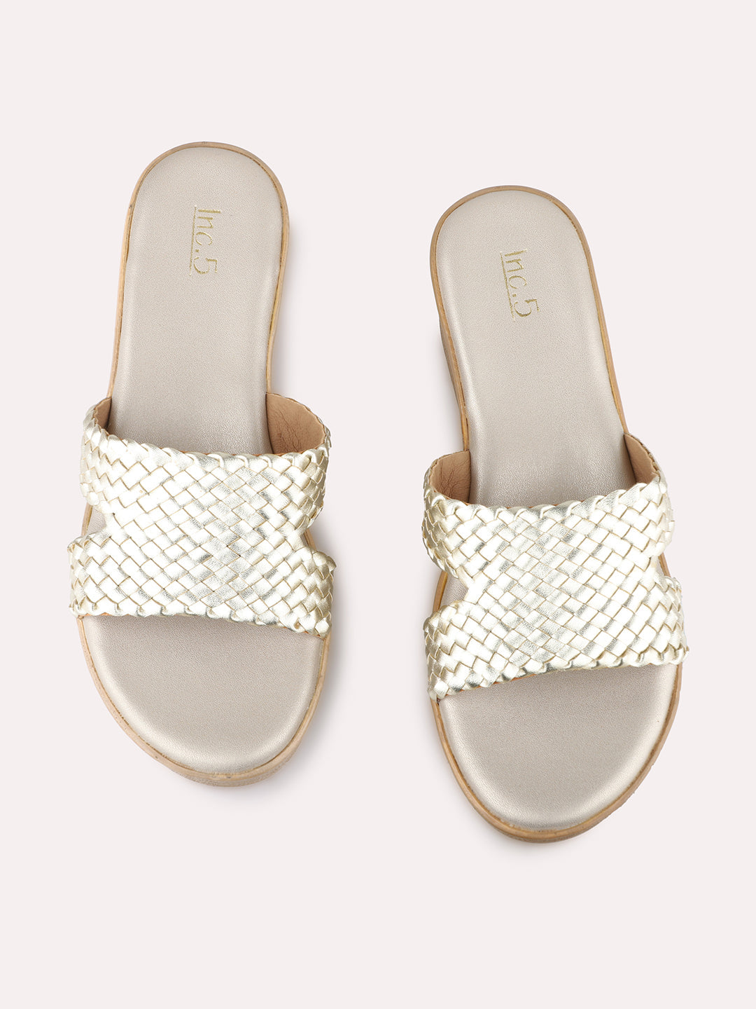 Women Golden Ethnic Solid Round Toe Wedges Sandals