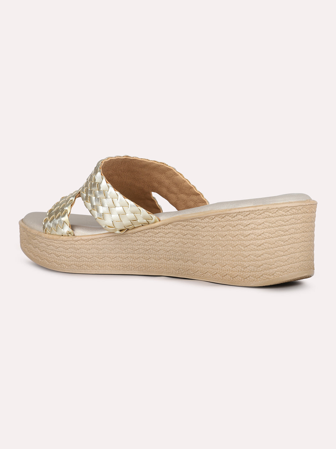 Women Golden Ethnic Solid Round Toe Wedges Sandals