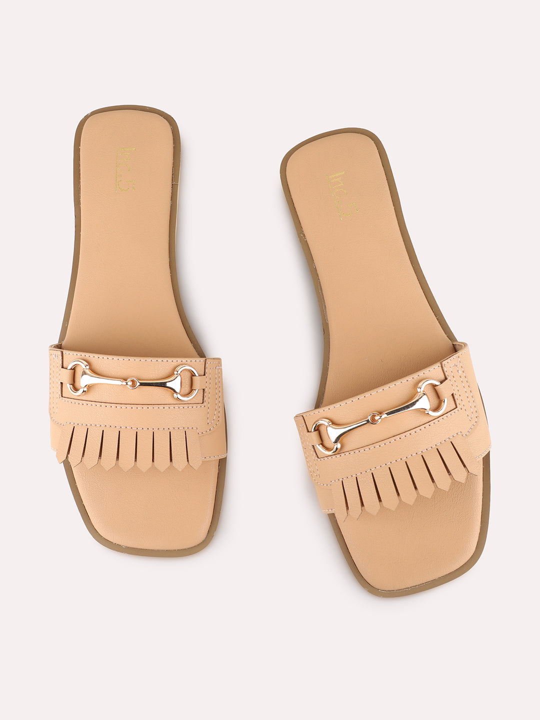 Womens Beige Casual Solid Open Toe Flat Slip-On Sandals