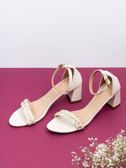 Womens Cream Party Wear Solid Round Toe Block Heels