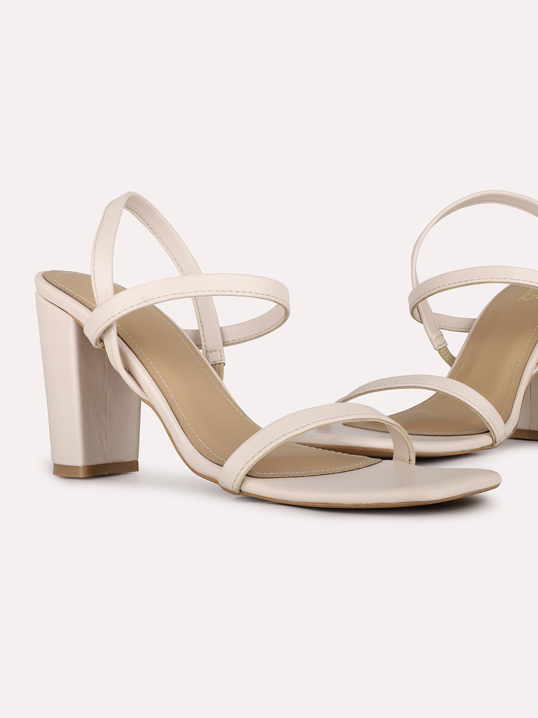 Women Cream Party Wear Solid Square Toe Block Heel Sandals