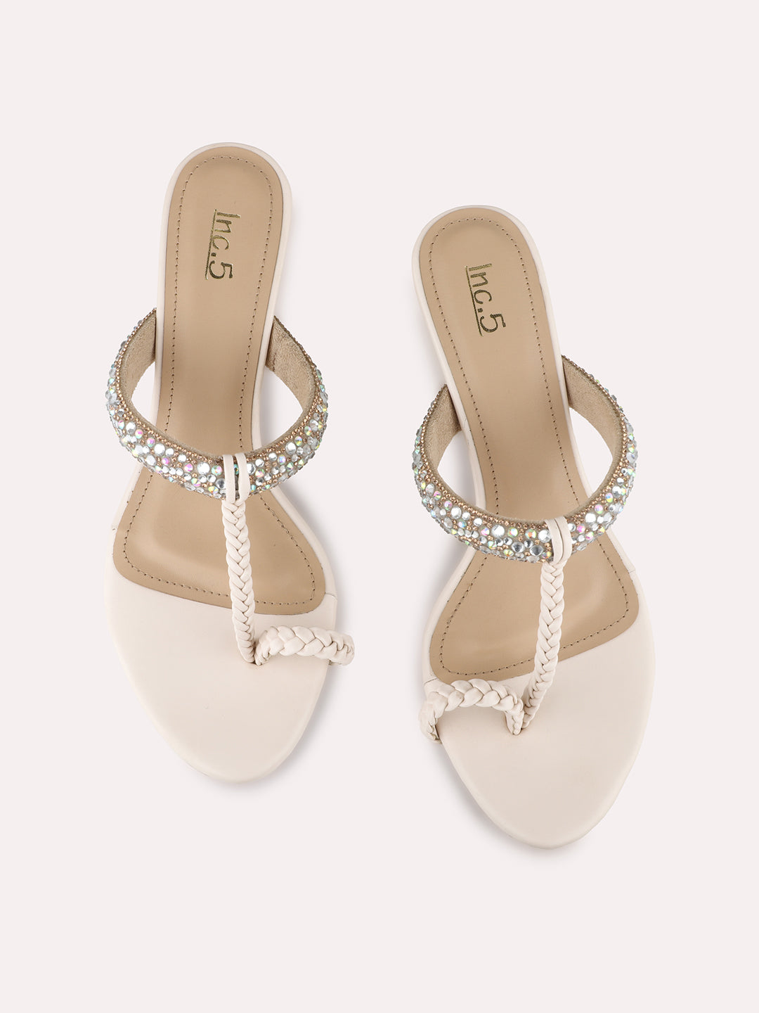 Women Cream Party Wear Solid Square Toe Block Heel Sandals