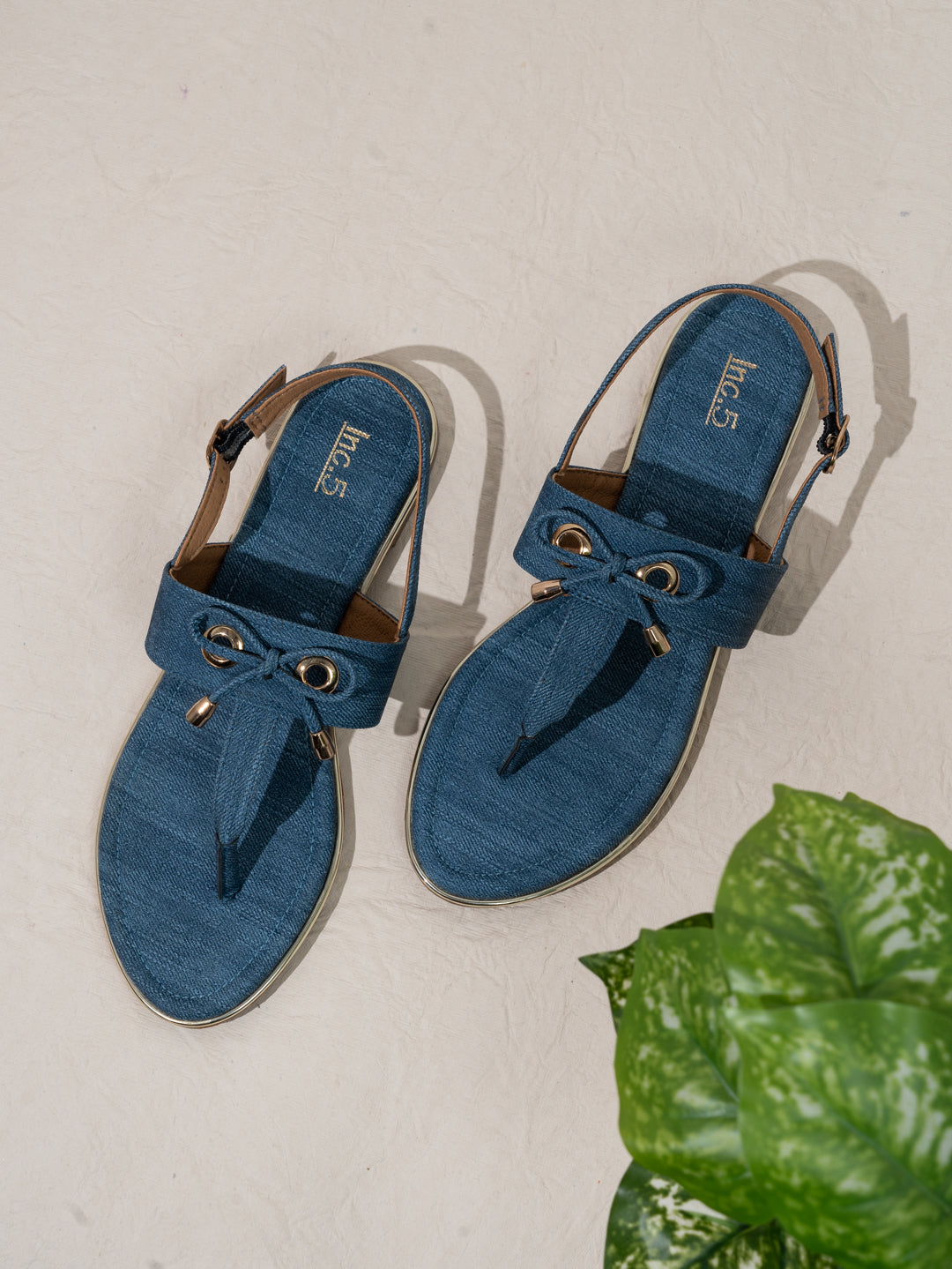 Womens Blue Casual Solid T-Strap Flat Sandals