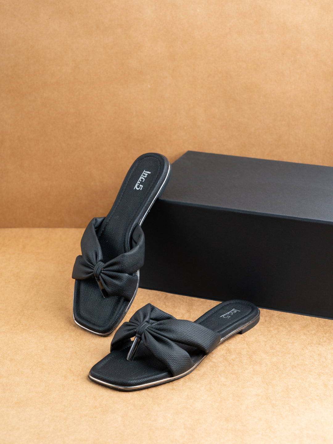 Womens Black Casual Solid T-Strap Slip-On Flats