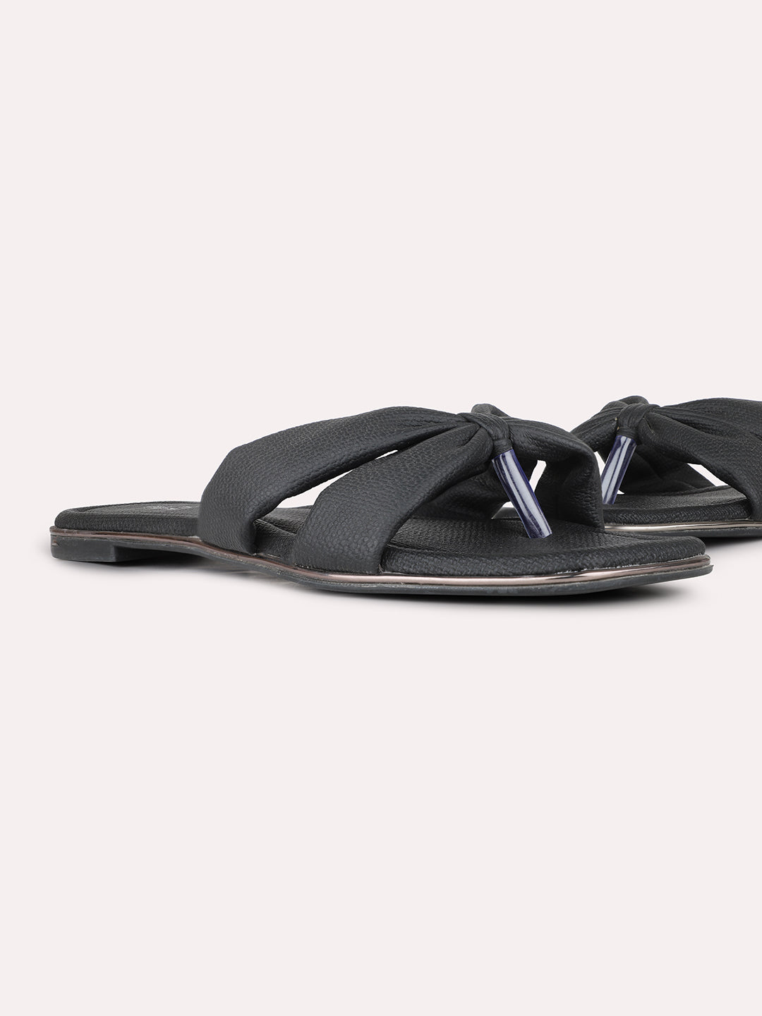 Womens Black Casual Solid T-Strap Slip-On Flats