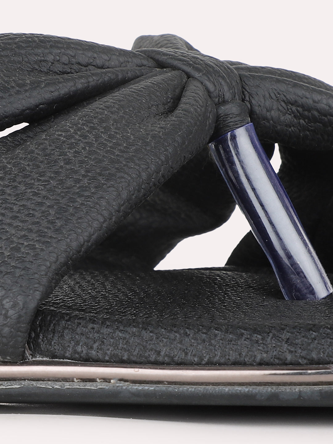 Womens Black Casual Solid T-Strap Flat Slip-Ons