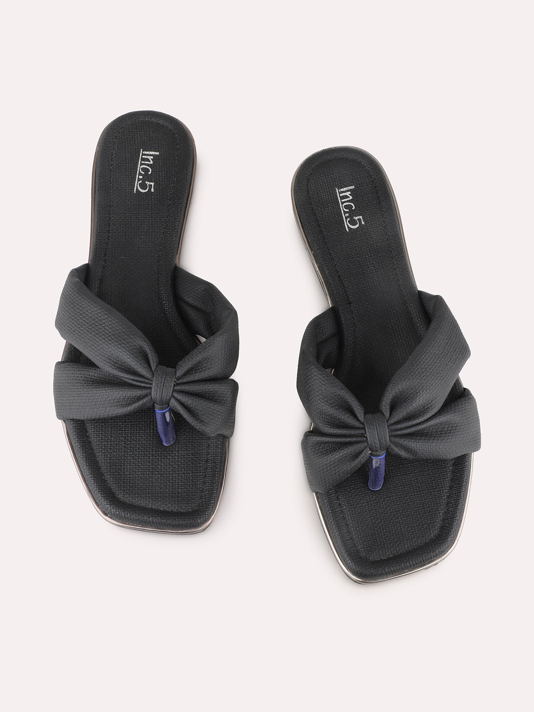 Womens Black Casual Solid T-Strap Flat Slip-Ons
