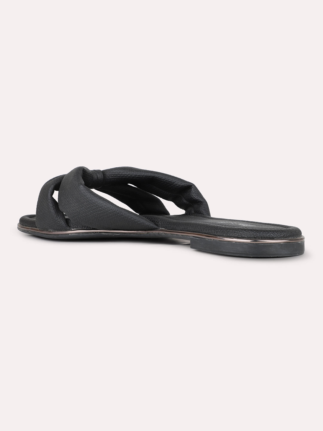 Womens Black Casual Solid T-Strap Flat Slip-Ons