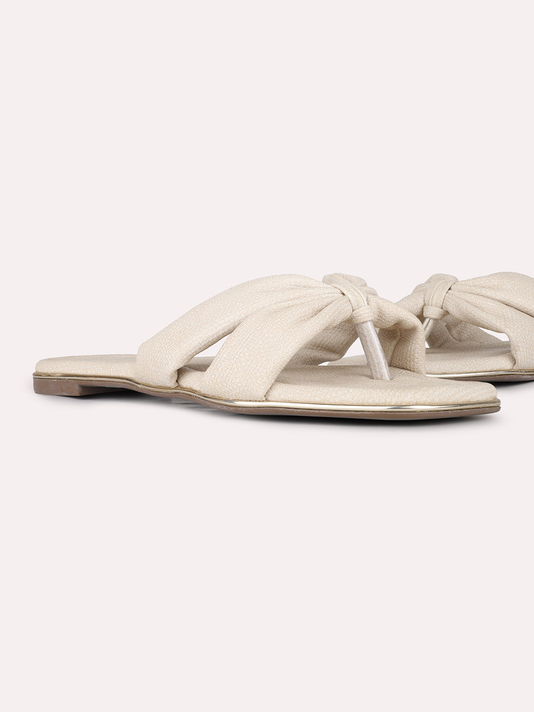 Womens Cream Casual Solid T-Strap Slip-On Flat Sandals