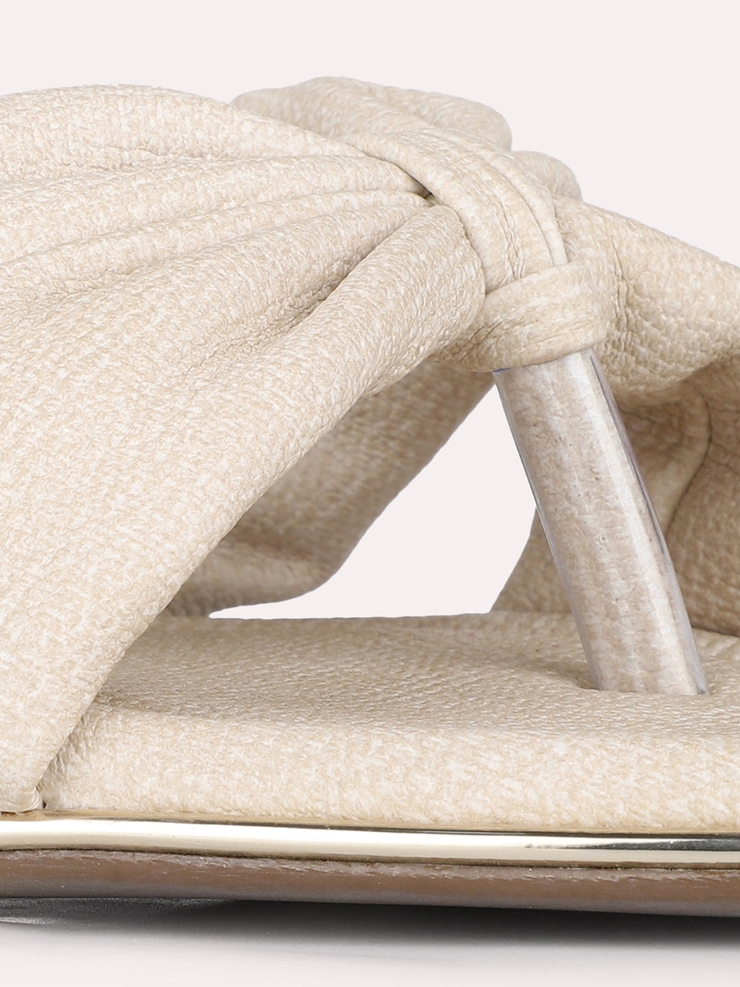 Womens Cream Casual Solid T-Strap Flat Slip-Ons