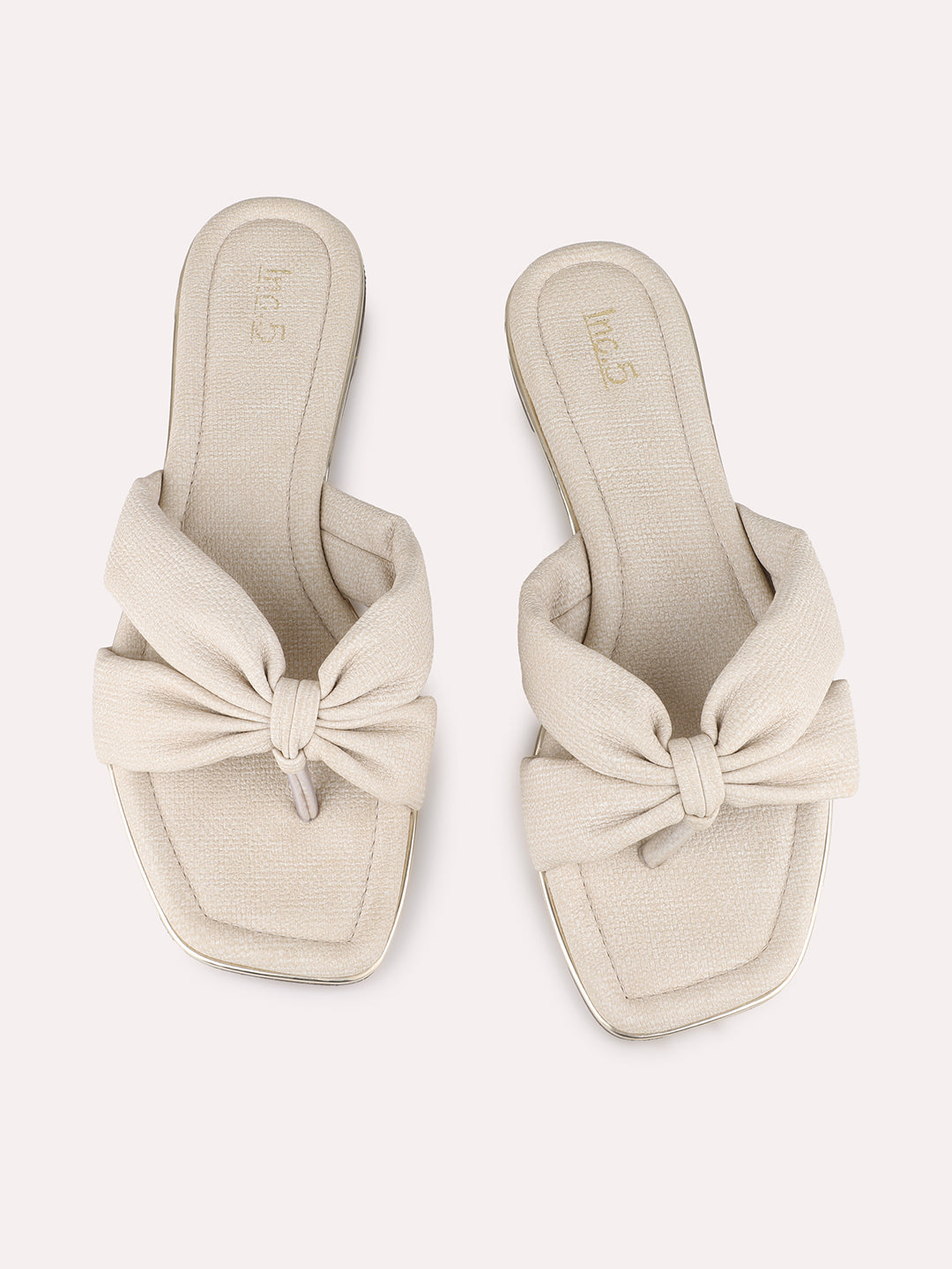 Womens Cream Casual Solid T-Strap Flat Slip-Ons