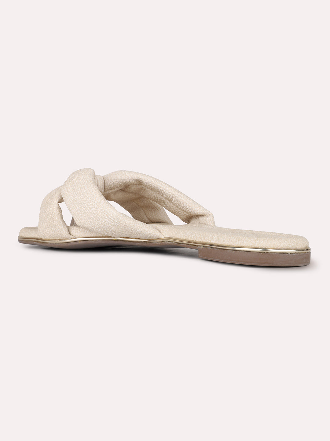Womens Cream Casual Solid T-Strap Flat Slip-Ons