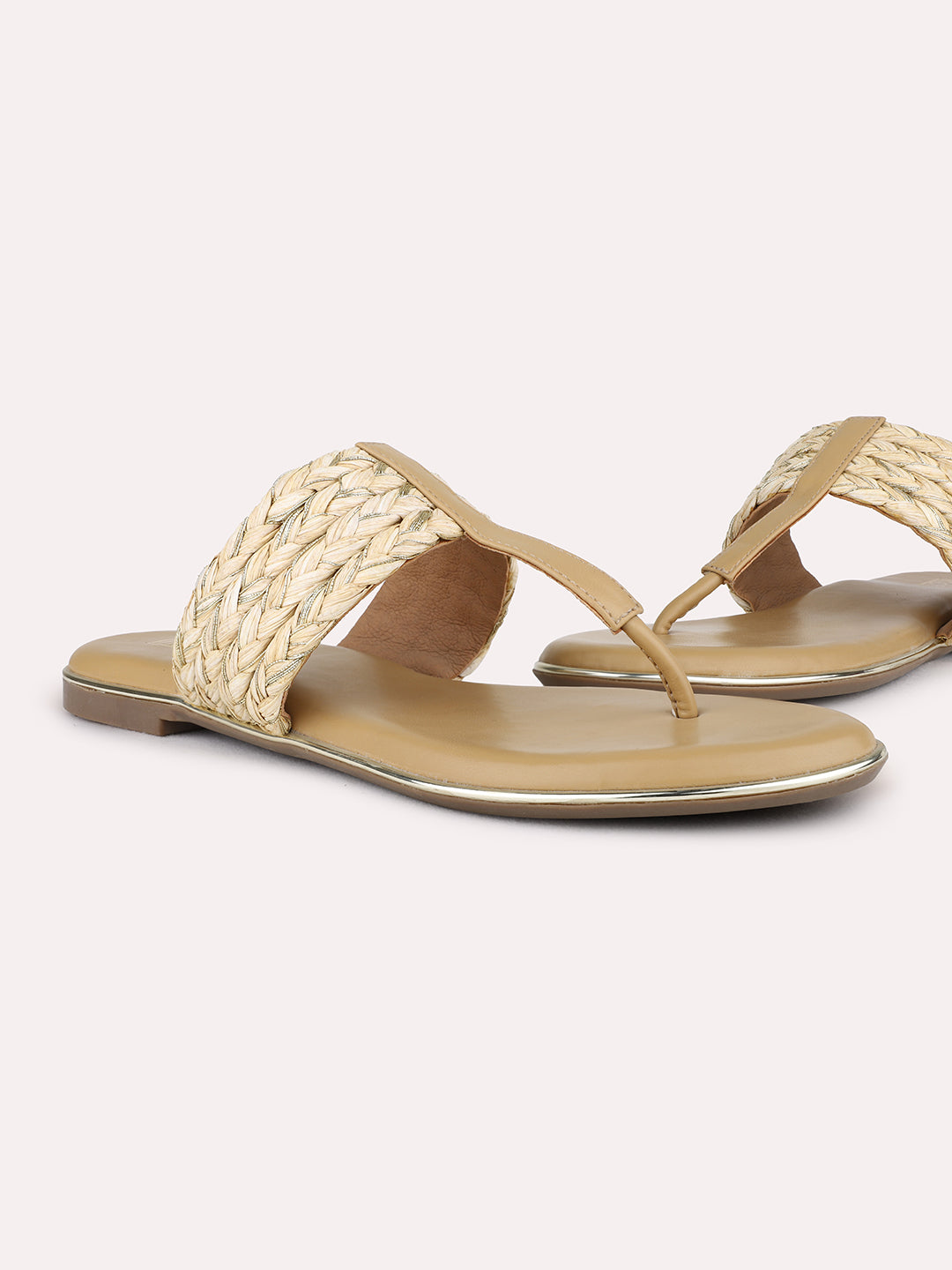 Womens Beige Ethnic Embellished T-Strap Flat Slip-On Sandals