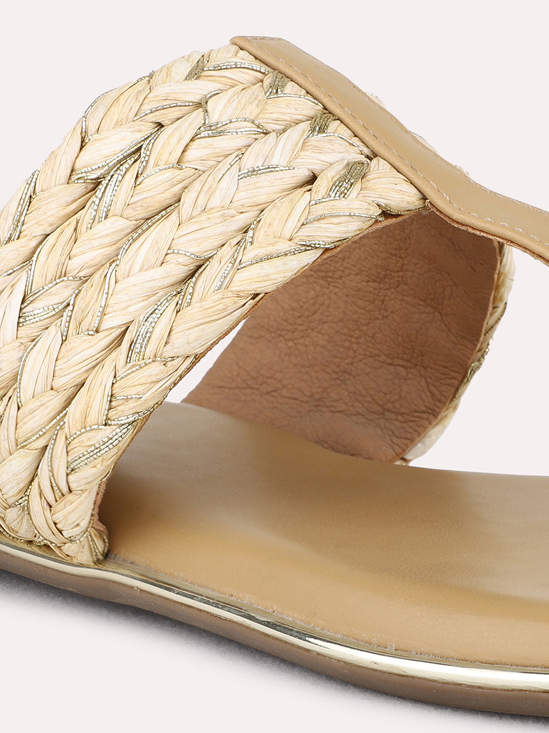 Womens Beige Ethnic Embellished T-Strap Flat Slip-On Sandals