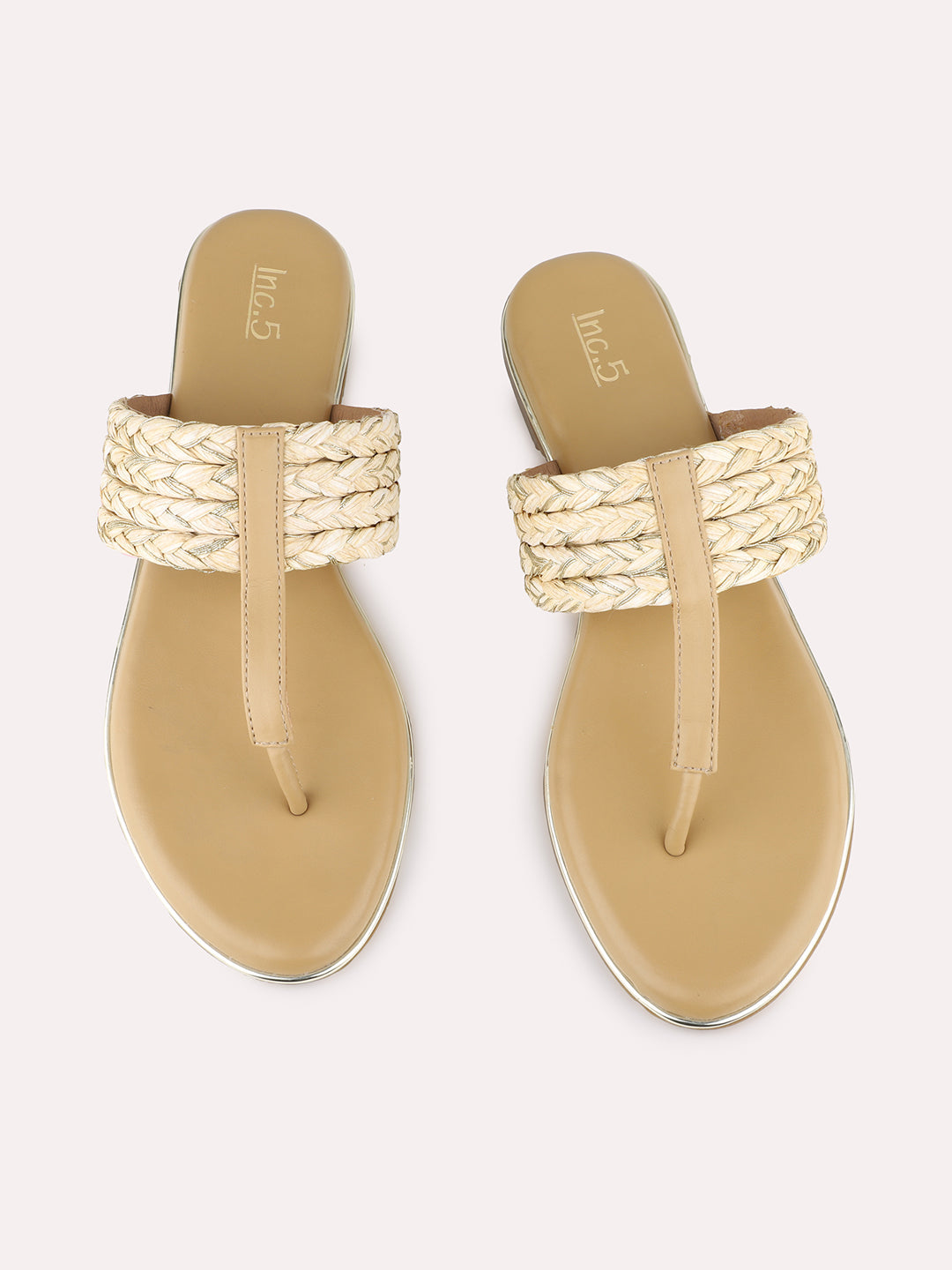 Womens Beige Ethnic Embellished T-Strap Flat Slip-On Sandals