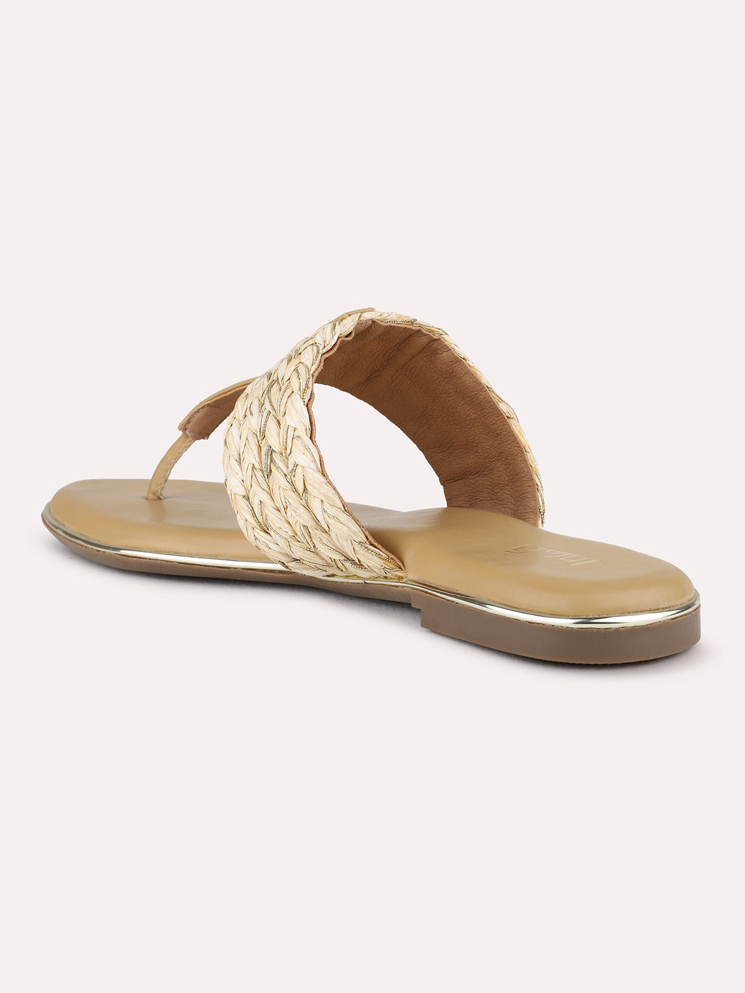 Womens Beige Ethnic Embellished T-Strap Flat Slip-On Sandals