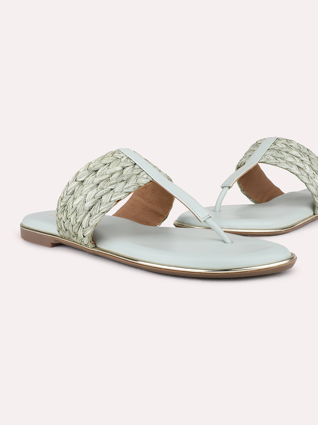 Womens Green Ethnic Embellished T-Strap Flat Slip-On Sandals